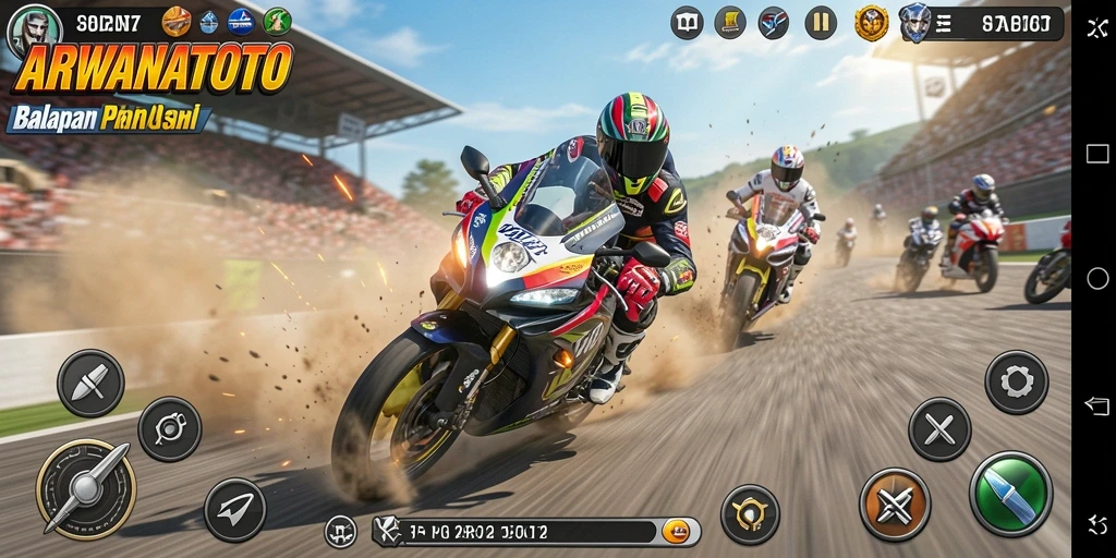 Gambaran gameplay ARWANATOTO dengan balapan motor yang cepat dan mendebarkan.