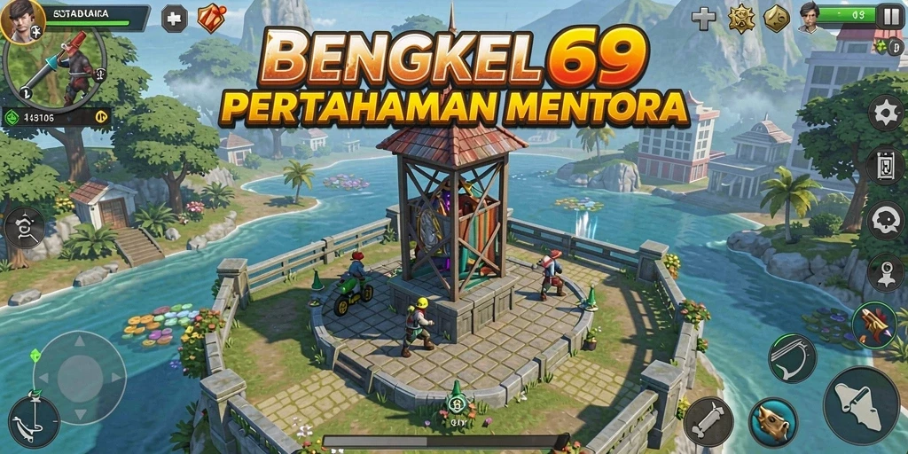 Tampilan gameplay BENGKEL69 dengan menara pertahanan yang strategis.