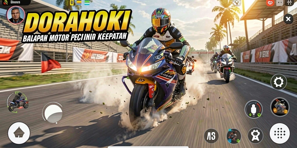 Screenshot gameplay DORAHOKI yang menampilkan balapan motor yang seru.
