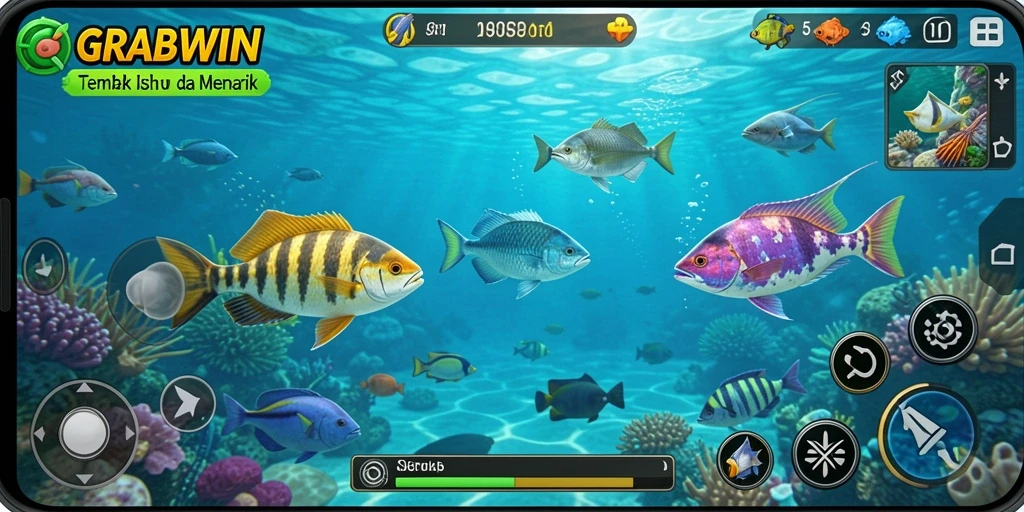 Tampilan gameplay GRABWIN dengan berbagai ikan yang dapat ditangkap.