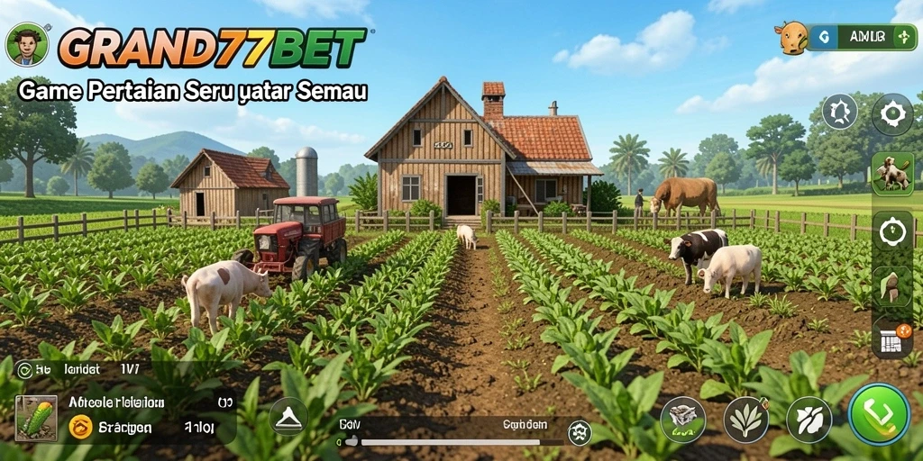 Tampilan gameplay GRAND77BET yang menampilkan ladang dan tanaman yang subur.