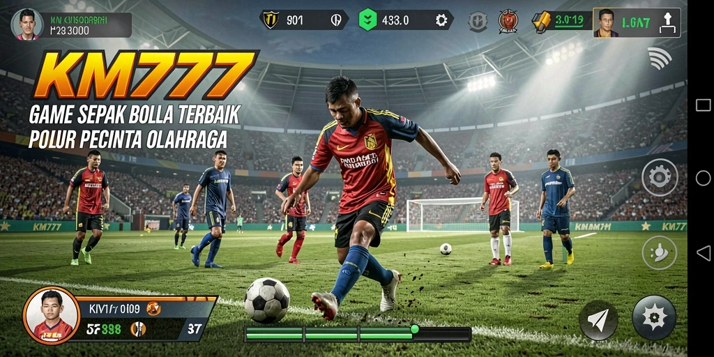 Tampilan gameplay KM777 yang mendebarkan dan penuh aksi di lapangan sepak bola.