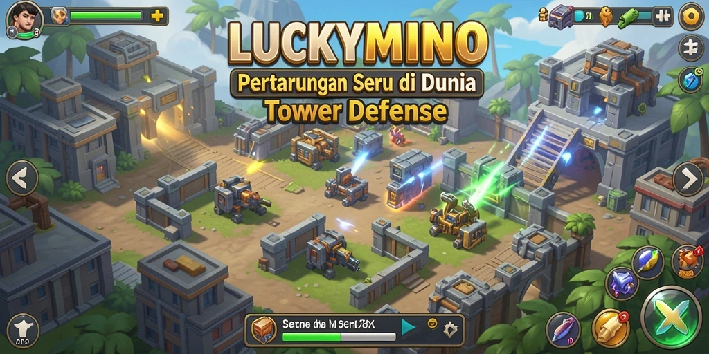 Screenshot gameplay LUCKYMINO menampilkan aksi menara pertahanan yang mendebarkan.