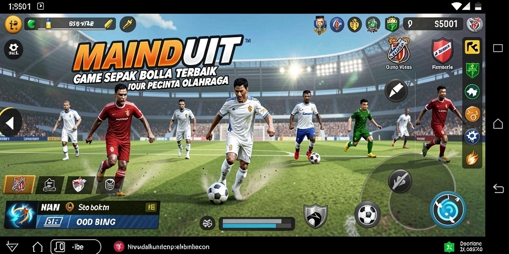 Tangkapan layar gameplay MAINDUIT menampilkan aksi seru dalam sepak bola.