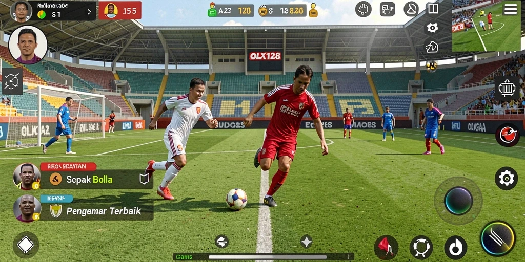 Tampilan gameplay mendebarkan dari OLX128 dengan aksi sepak bola yang seru.