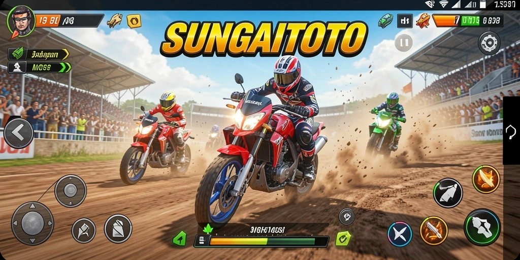 Gameplay SUNGAITOTO dengan balapan motor yang seru.
